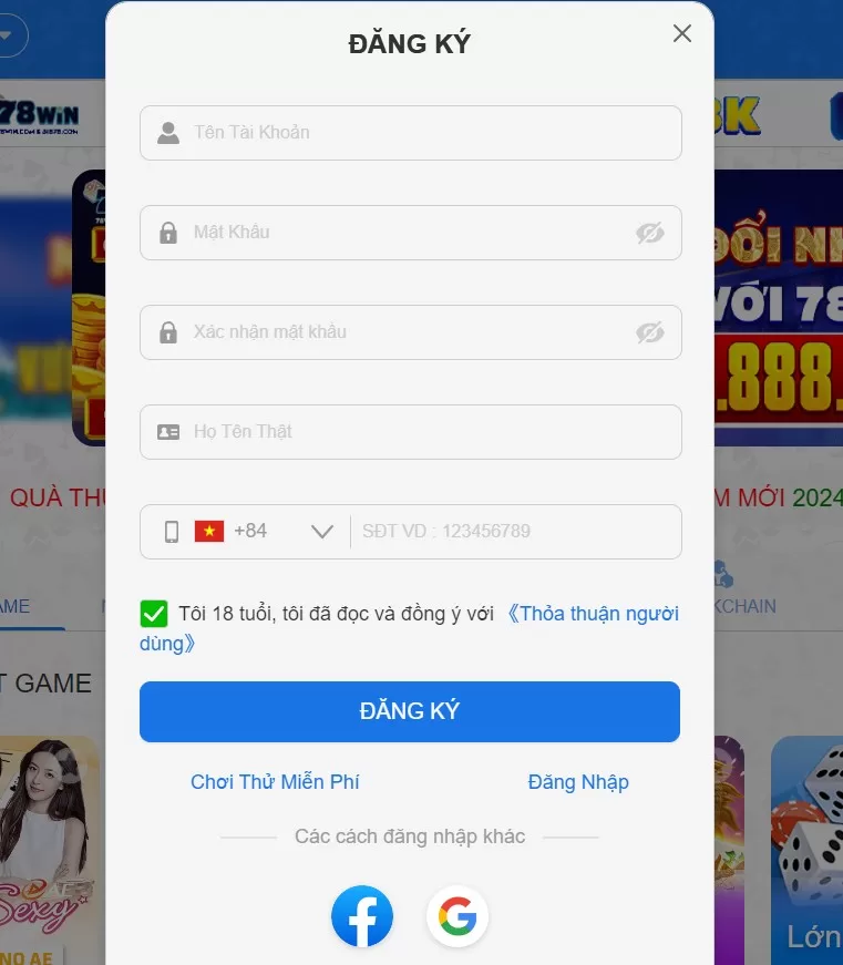 Hướng dẫn Đăng ký 78Win dễ dàng cho người mới 1 Form Đăng Ký tài khoản trên Nhà Cái 78Win